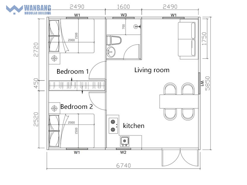 2 bedrooms container home plan